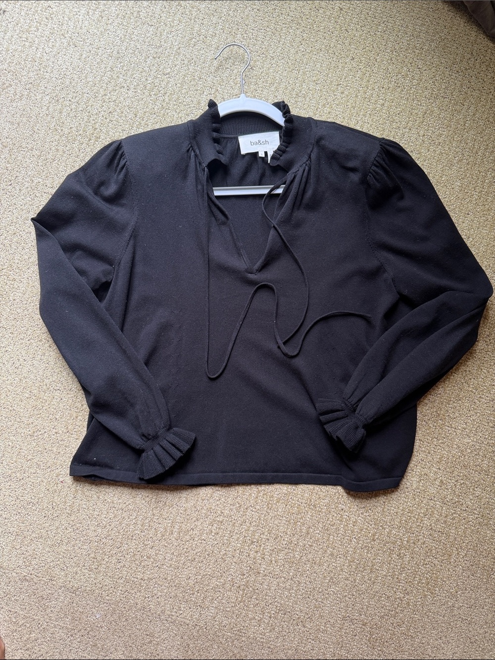 ba&sh Black Ruffle Tie-Neck Long Sleeve sweater